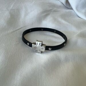 Black Leather Bracelet with Silver Cross and Studs